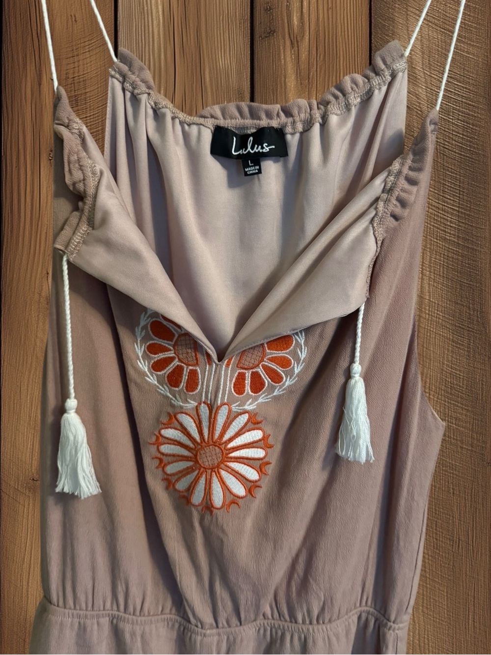 Lulus “Barcelona Beauty” Blush Pink Embroidered Tassel Boho Romper Size Large - Picture 10 of 14